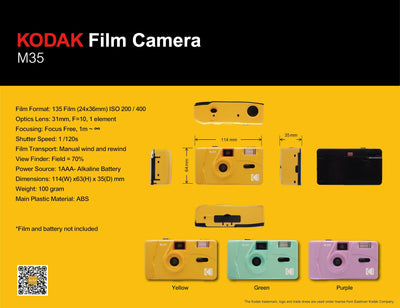 The features and measurements of the Kodak M35 Film Camera.