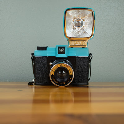 A front view of the Lomography's Diana F+ camera with a flash attached.