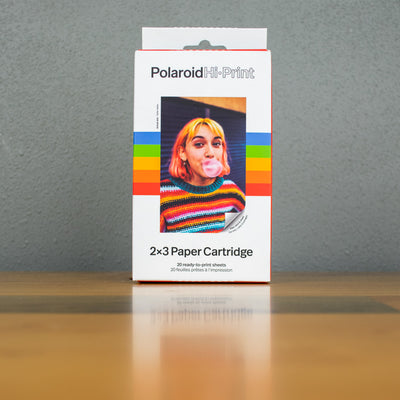 The box of the Polaroid Hi-Print 2x3 Paper Cartridge including 20 ready-to-print sheets.